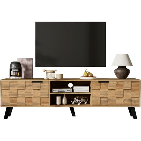 Meuble TV moderne 160.5x35.5x45cm 2 portes 2 étagères ouvertes grand espace