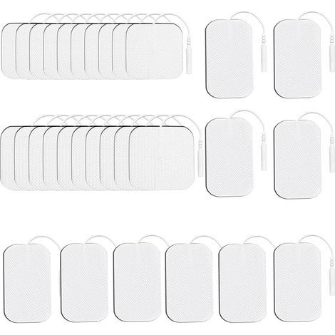Lot de 30 Électrodes Adhésives Universelles De Rechange, 3 Tailles 4 x 4 cm/4 x 6 cm/5 x 5 cm, Réutilisables Electrodes pour Electrostimulateur TENS EMS avec Connecteur Filaire de 2 mm (1/5)