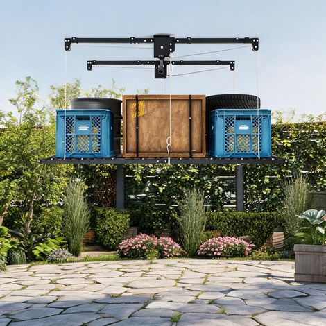 Étagère de garage suspendue noire avec treuil manuel 120 x 240 (1/5)