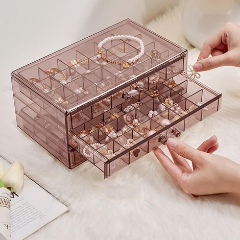 Plateau à boucles d'oreilles, plateau à bijoux en acrylique avec 3 tiroirs, présentoir à bijoux transparent à 72 compartiments, emballage cadeau pour femmes et filles (transparent, violet, marron) (1/5)