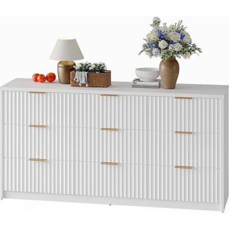 Commode en MDF effet bois à 9 tiroirs avec poignées métalliques, façade cannelée, tiroirs spacieux, structure anti-basculement pour chambre, salon et entrée, blanc (1/5)