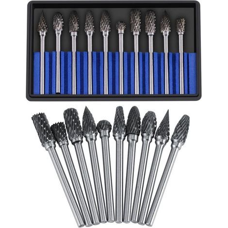Jeu De Fraises En Carbure Fichiers Rotatifs Acier Au Tungstène 10pcs Diamètre Tête Coupe Pour Fraise 3mm Tige 6mm La Perceuse à Découper Découpage Métal Polissage Gravure Perage(double Cut) (1/5)