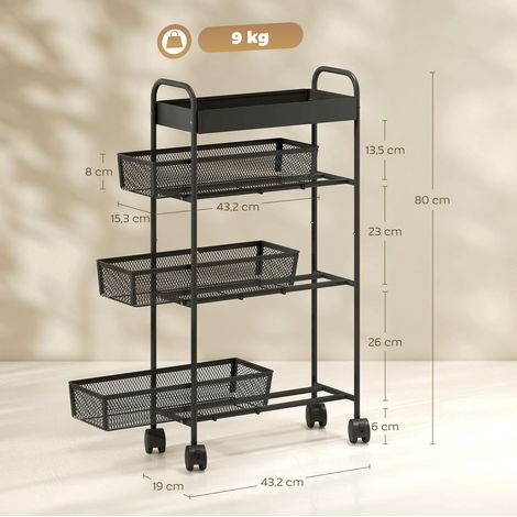 Chariot de rangement à 4 niveaux, desserte à roulettes, 3 paniers coulissants, panier supérieur 19 x 43,2 x 80 cm noir (1/5)