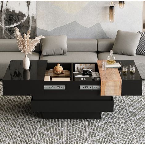 Tavolino quadrato estensibile 70 x 70 cm con vano nascosto, nero lucido e legno DESVIAE (1/5)
