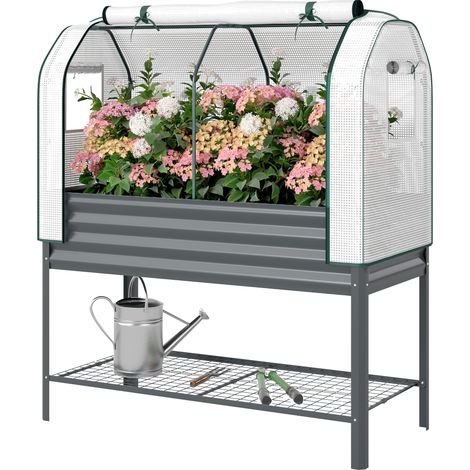 Potager surélevé métallique avec serre et rangement 120x55x140 cm