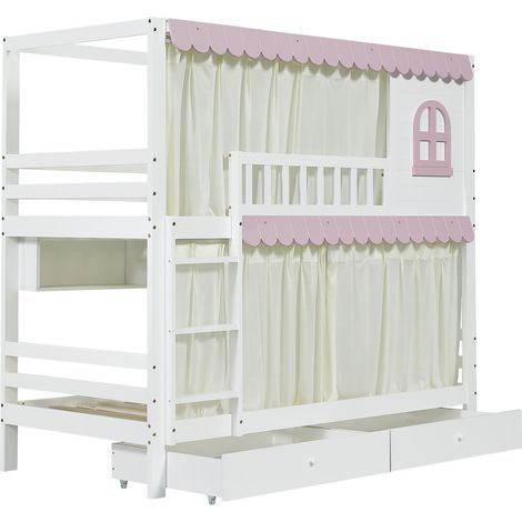 Cama litera infantil 90x200 cm con ventanas, cortinas y almacenaje, blanco y rosa, MODENUIT (1/5)