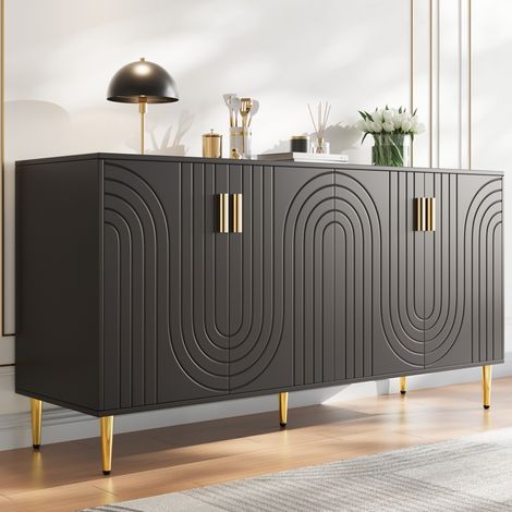 Credenza 152x40x75 cm nera in MDF con ante ondulate, dettagli dorati e dispositivo antiribaltamento (1/5)