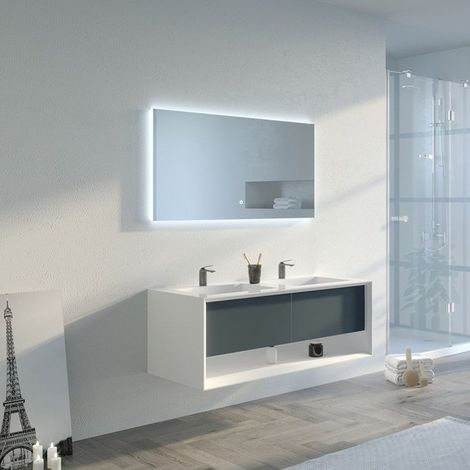 Distribain – Meuble sous vasque simple 120 cm – Double vasque en solid surface – 2 tiroirs avec charnières métalliques – Ouverture Push-Open (1/5)