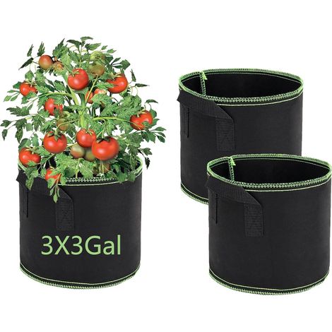 Lot de 3 pots en tissu 11 l avec poignée - Pots en tissu respirant pour jardin, balcon, terrasse - Pour légumes, fleurs, herbes (1/5)