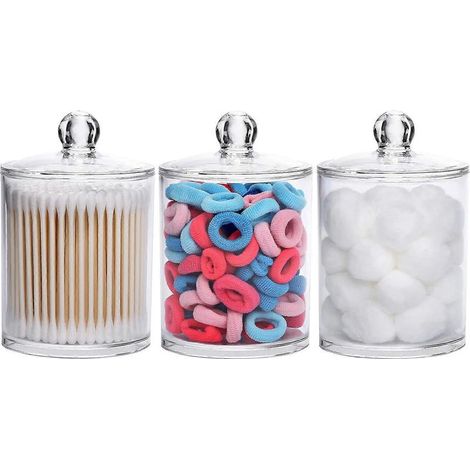 Lot de 3 porte-cotons-tiges, pot transparent de 350 ml pour cotons-tiges, distributeur de produits de maquillage et de rangements pour salle de bain (1/5)