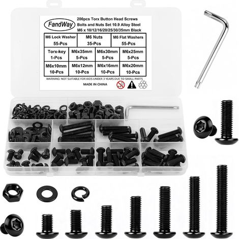 200 Pièces Vis à Métaux et écrous,M5 Vis à Tête Ronde,Boulon et écrous Rondelles,Boulons Tete Bombée Entièrement Filetées en Acier Carbone Noir Avec Clé T30 (1/5)