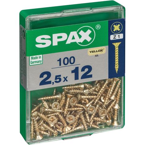 Caja de 100 unidades de tornillo para madera Spax con cabeza plana en Yellox 2,5x12mm Spax
