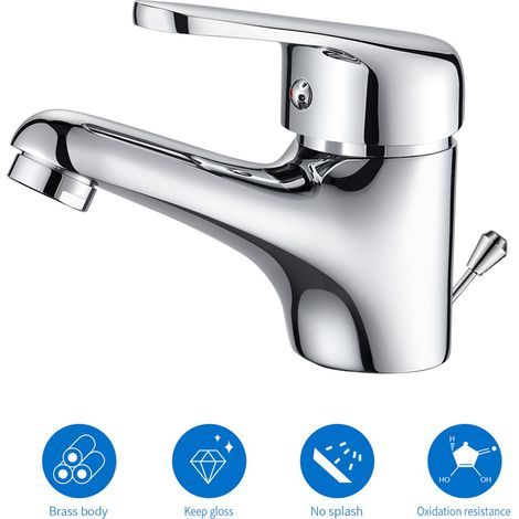 Auralum Wasserhahn Bad mit Zugstange, Einhebel-Waschtischarmatur mit Ablaufgarnitur CHROM, Waschbecken Badarmatur Waschtischmischer für Badezimmer (1/7)