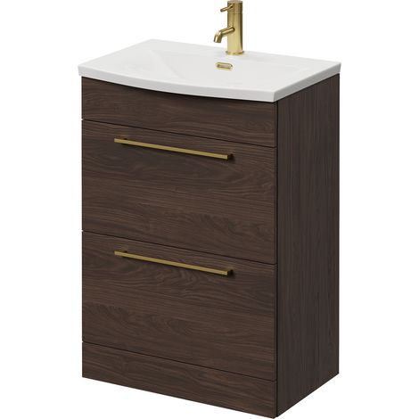 Napoli 390 Brown Oak 600mm 2 Drawer Vanity Unit with Arc Basin - 600mm - Brushed Brass 320mm Handle