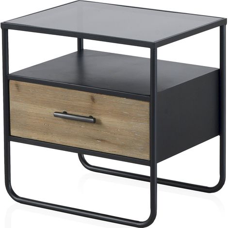 Table de chevet métal et bois avec tiroir et plateau verre - noir métal et bois naturel (1/5)