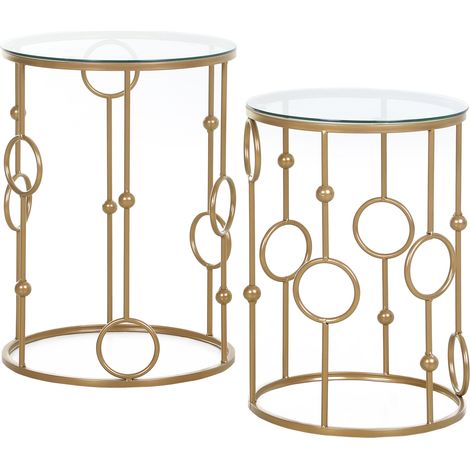 Satztische, 2er-Set runde Couchtische im Art-déco-Stil, Ø 41 und Ø 36 cm, goldfarbenes Metall, 5 mm starkes Sicherheitsglas