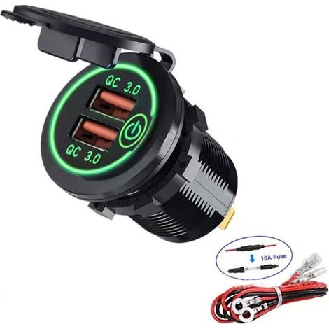 QC 3.0 Double Prise de Chargeur USB, Prise USB éTanche 12 V/24 V avec Interrupteur Tactile pour Voiture, Marine, Bateau, Camping-Car, Vert (1/5)