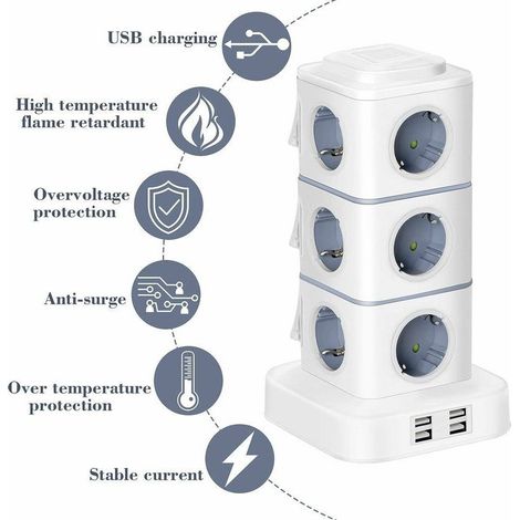 Multipresa a torre BDD, 12 prese (2500W / 10A) con 4 porte USB, protezione da sovratensione, multipresa verticale per casa e ufficio, cavo di prolunga da 3 m (1/4)
