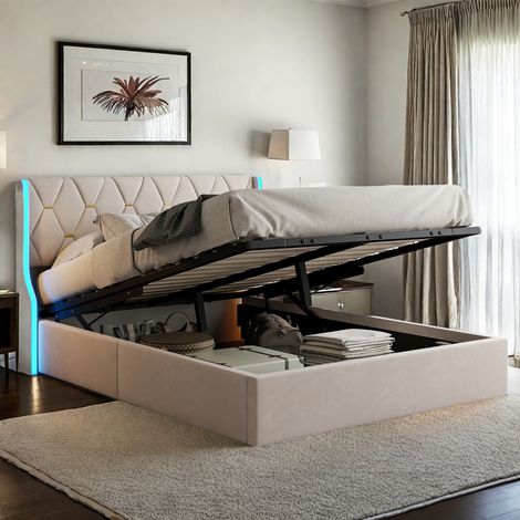 Lit coffre double 160x200cm avec LED, Sommier à lattes inlcus, Tête forme unique, Grand espace de rangement, Lit adulte pour 2 personnes, Tissu en velours, Beige