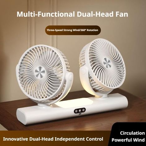 Ventilatore da Tavolo USB Doppia Testa – Silenzioso con Luce Notturna LED, 3 Velocità, Rotazione 360° – Design Moderno Elegante – Ideale per Ufficio e Camera da Letto (1/2)