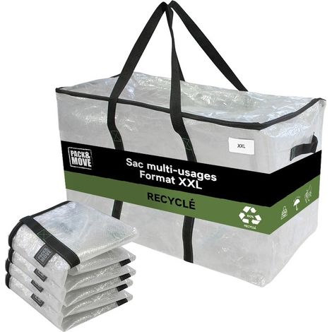 Pack and Move - Lot 4 Grands Sacs Déménagement Transparent Recyclés - Rangement Et Transport Ultra Résistant - Réutilisable - Poignées Solides - 100L