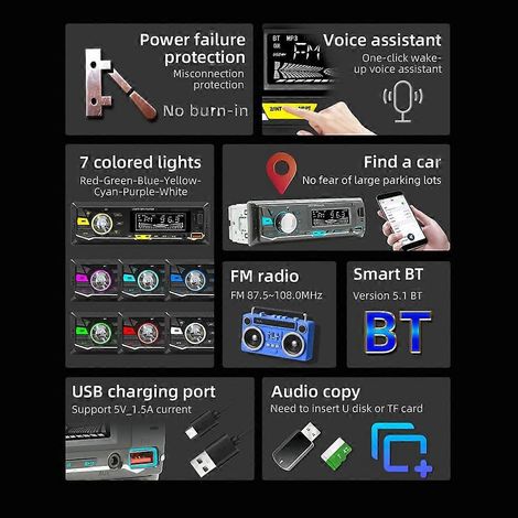 Autoradio MP3 avec Bluetooth, radio FM, kit mains libres, lecteur de clé USB/carte TF/entrée auxiliaire. (1/4)