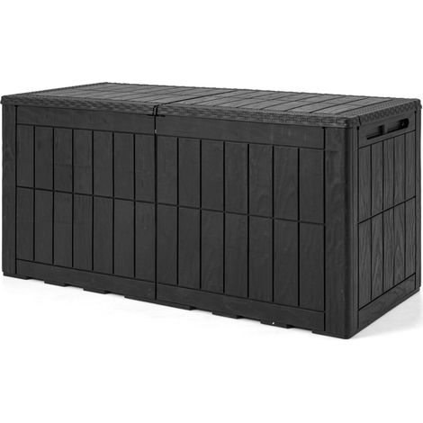 Coffre de jardin noir 450 L étanche et verrouillable avec vérin hydraulique et poignées latérales pour terrasse, piscine et parc