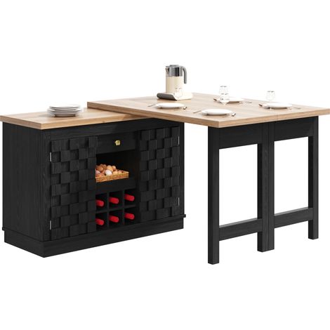 Îlot de cuisine 360° rotatif avec plateau extensible 120 à 197 cm, rangements, portes patchwork, tiroirs et range-bouteilles amovible, noir - CHICFURN (1/5)