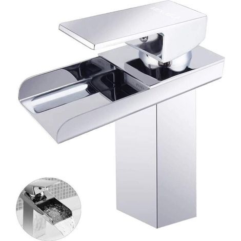 Robinet de lavabo de salle de bain, mitigeur de lavabo cascade au design moderne, eau chaude et froide disponible, laiton chromé (sans tuyau) (1/4)