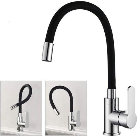 Robinet de Cuisine Flexible Bec Haut Orientable Librement Mitigeur Évier Flexible Acier inoxydable brossé et Noir Femeo (1/5)
