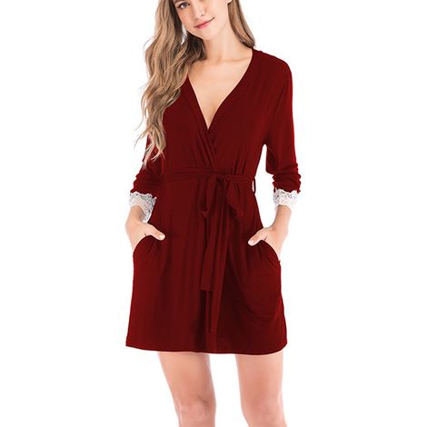 Robe De Bain - Manches 3/4 - Ceinture - Col En V - Poignets Dentelle - Polyester - Pour Femme - Taille XL (1/4)