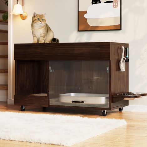 Meuble cache-litière mobile 100 cm avec gamelles pour chat, plateau ramasse-sable, panneau perforé avec trous pour crochets, en noyer (1/5)
