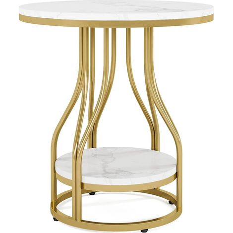 Table d'appoint ronde à 2 niveaux en marbre synthétique blanc et structure métallique dorée (1/5)