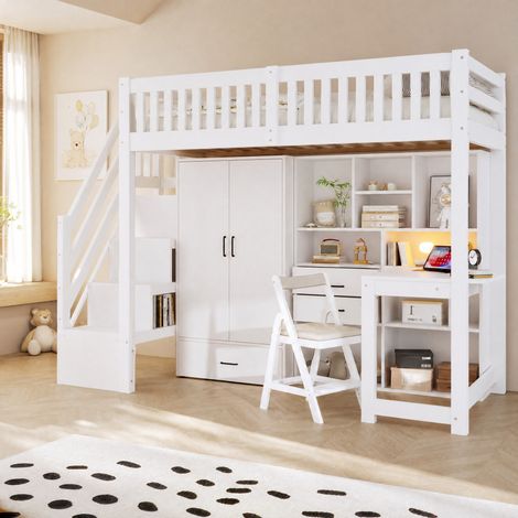 Cama alta 90x200 cm blanca de pino con escritorio, armario y almacenaje (1/5)