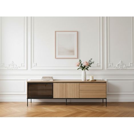 BOBOCHIC - Meuble TV 2 portes 2 tiroirs 197 cm VERONA effet chêne et verre fumé avec LEDS (1/5)