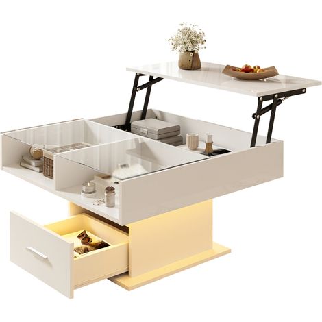 Table Basse Relevable avec LED et Rangement 78x78cm Table de Salon Réglable Hauteur 45,5-59,5cm Blanc Brillant et Mat (1/5)