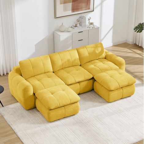 Divano angolare modulare a 3 posti in tessuto ciniglia, seduta comoda da 54 cm, design trapuntato, base antiscivolo, non richiede montaggio, 2 pouf, giallo
