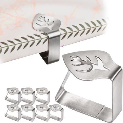 Pince Nappe Lot de 8 Pince Nappe Exterieur INOX 304 Antirouille Fixation Forte Antidérapante Réutilisable Design Feuille pour Table Bois Verre Métal Camping Jardin Terrasse Cuisine (1/5)