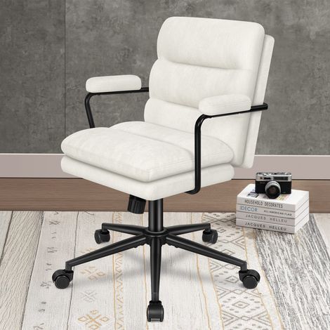 ELFORDSON Mid-back Home Office Chair, Armrests, Dual-padded, Vanity, Ergonomic, Executive, PC, Work, Tilt, Adjustable Height, Swivel, Chenille, Beige