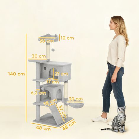 Arbre à chat 140 cm, plusieurs niveaux, sisal, grottes, plateformes rembourrées, hamac, échelle et balles – pour intérieur (1/4)