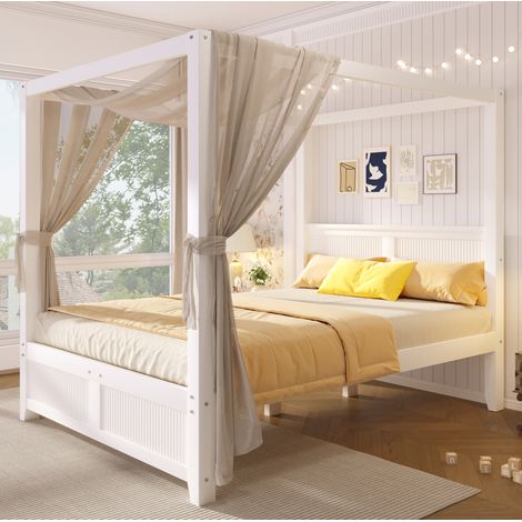 Himmelbett 140x200 cm aus Holz und MDF, Weiß, offener Rahmen, ohne Matratze – MEUBLIV (1/5)