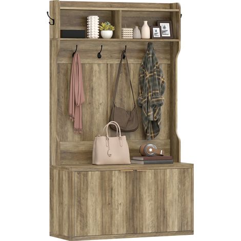 HOMCOM perchero zapatero, perchero recibidor con 2 puertas, estantes abiertos, 6 ganchos, para pasillo, dormitorio, salón, 100x38x172 cm, roble