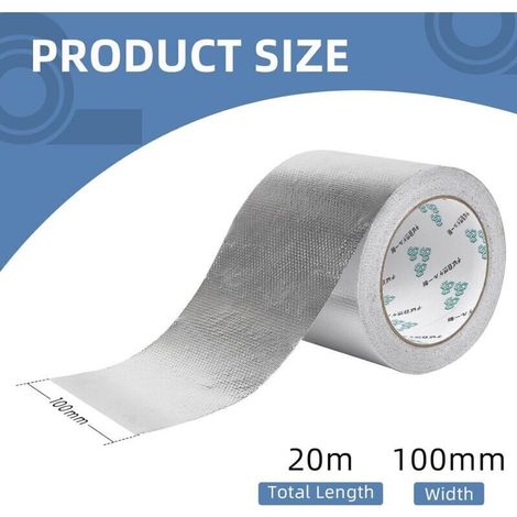 Ruban aluminium auto-adhésif renforcé de fibre de verre 100mm x 20m, imperméable et résistant à la chaleur, Ruban en aluminium résistant à l'eau et à la chaleur pour sceller, réparer et isoler (1/5)