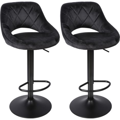 Tabouret Bar Lot de 2, Chaise Haute Cuisine, Velours Siège, Réglable en Hauteur, avec Dossier Incurvé, Assise Rembourrée, Repose-Pieds, Pivotant à 360°, Noir (1/5)