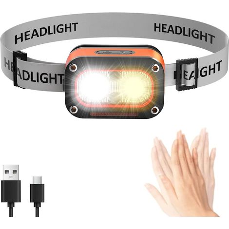 Lampe rechargeable USB-C, lampe frontale LED, étanche avec capteur de mouvement pour camping, course, cyclisme et pêche (1/5)