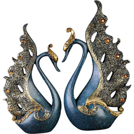 Lot de 2 ornements de paon en résine naturelle, sculpture de paon de bureau pour meuble à vin ou meuble TV, bleu, hauteur 30 cm. (1/5)