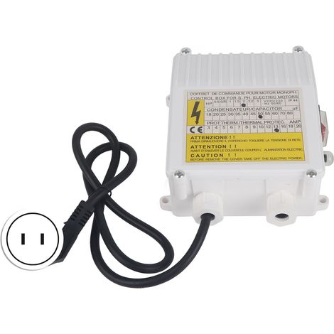 Boîtier de commande avec disjoncteur thermique intégré pour pompes d'aspiration domestiques submersibles de puits profonds, 1,5 kW (2 CV), condensateur 80 µF, 25 A, prise US 110 V. (1/5)