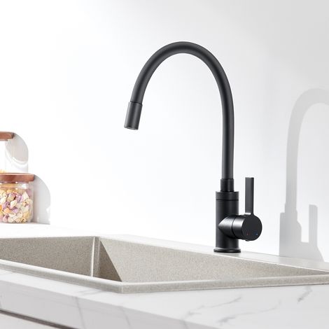 Mitigeur de Cuisine Flexible avec Tuyau en Silicone Noir, Robinet de Cuisine Bec Pivotant à 360°, Chaud et froid Réglable (1/5)