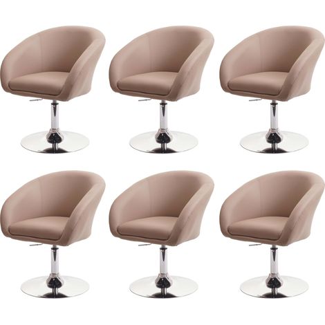 Set 6x sedie poltroncine lounge girevoli HHG-247 metallo cromato ecopelle marrone beige