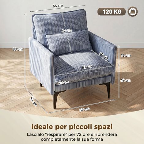 Fauteuil rembourré (bleu) avec accoudoirs en tissu aspect lin, coussin lombaire et assise large. (1/5)